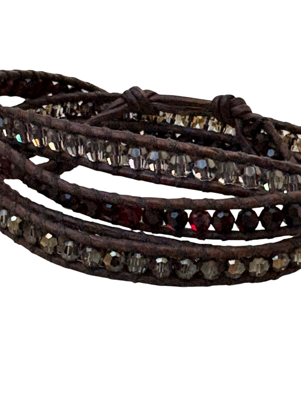 Chan Luu 925 Silver Beaded Red Grey Crystal Leather 5 Wrap Bracelet - Picture 7 of 7